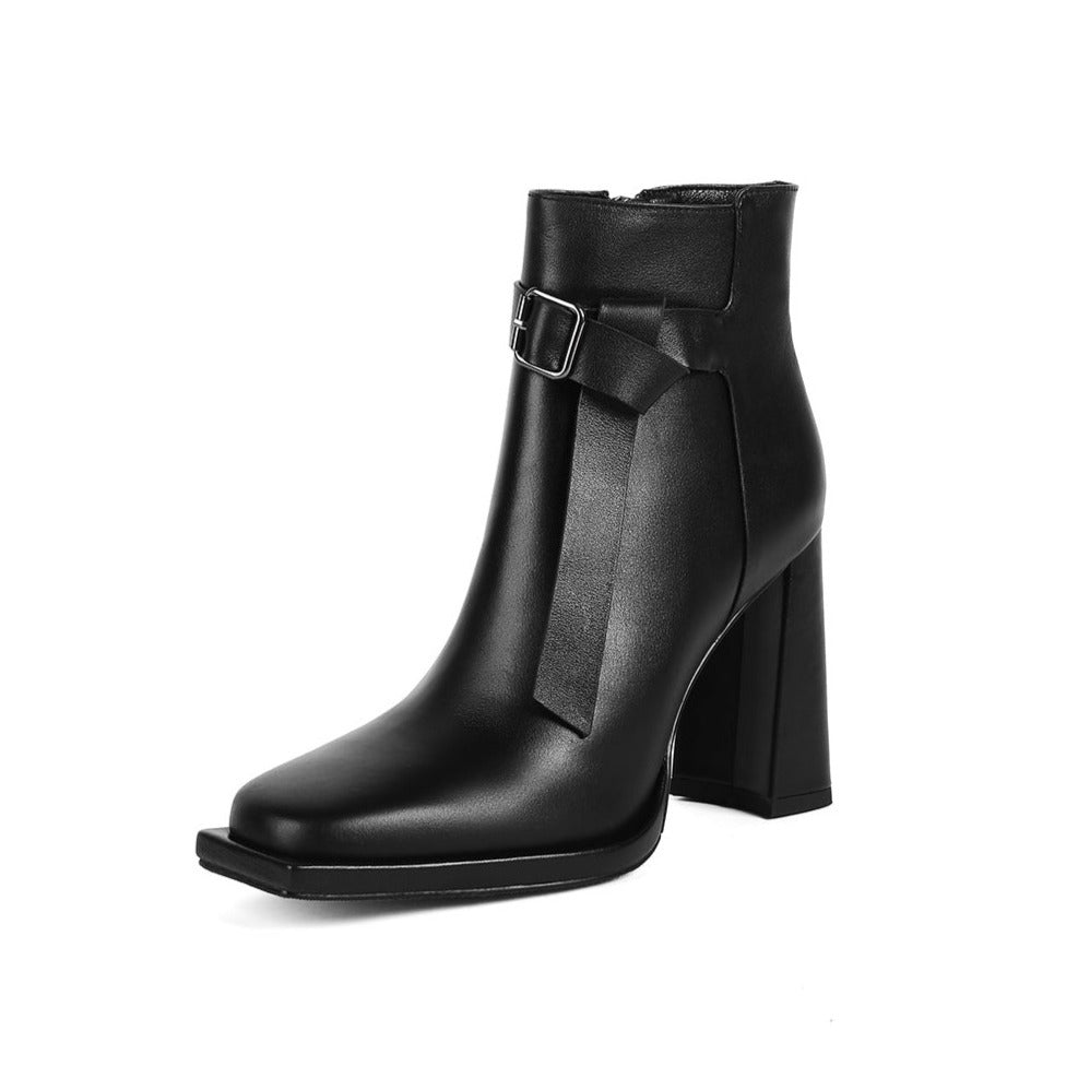 Nine Seven Women's Genuine Leather Square Toe Handmade Buckle Belt Side Zip Up Chic Ankle Boots with High Heel