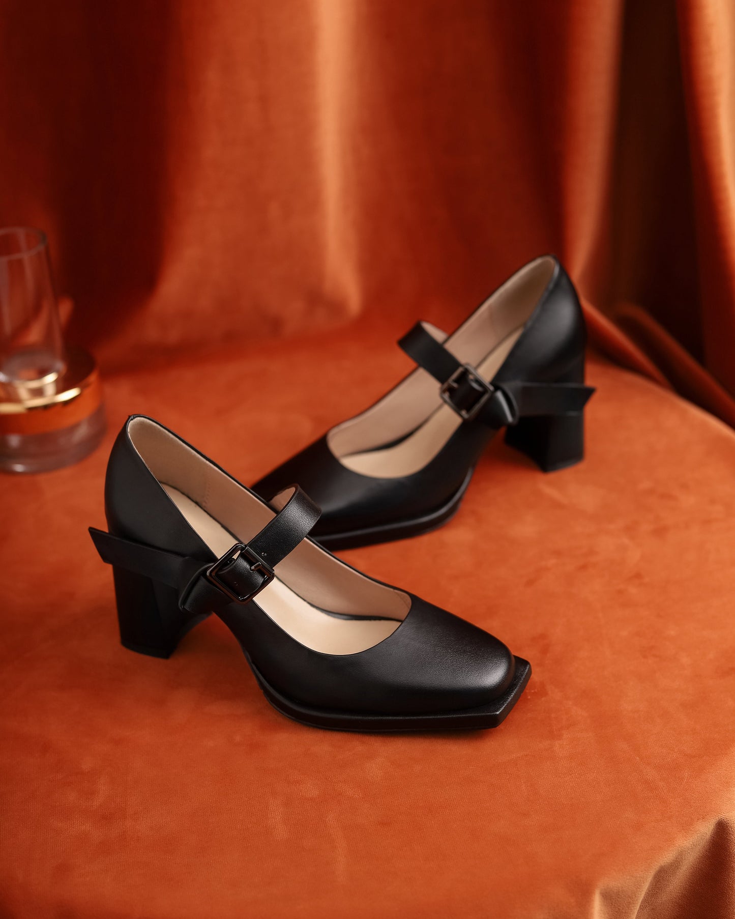 Nine Seven Women's Square Toe Genuine Leather Handmade Buckle High Chunky Heels Trendy Pumps Shoes